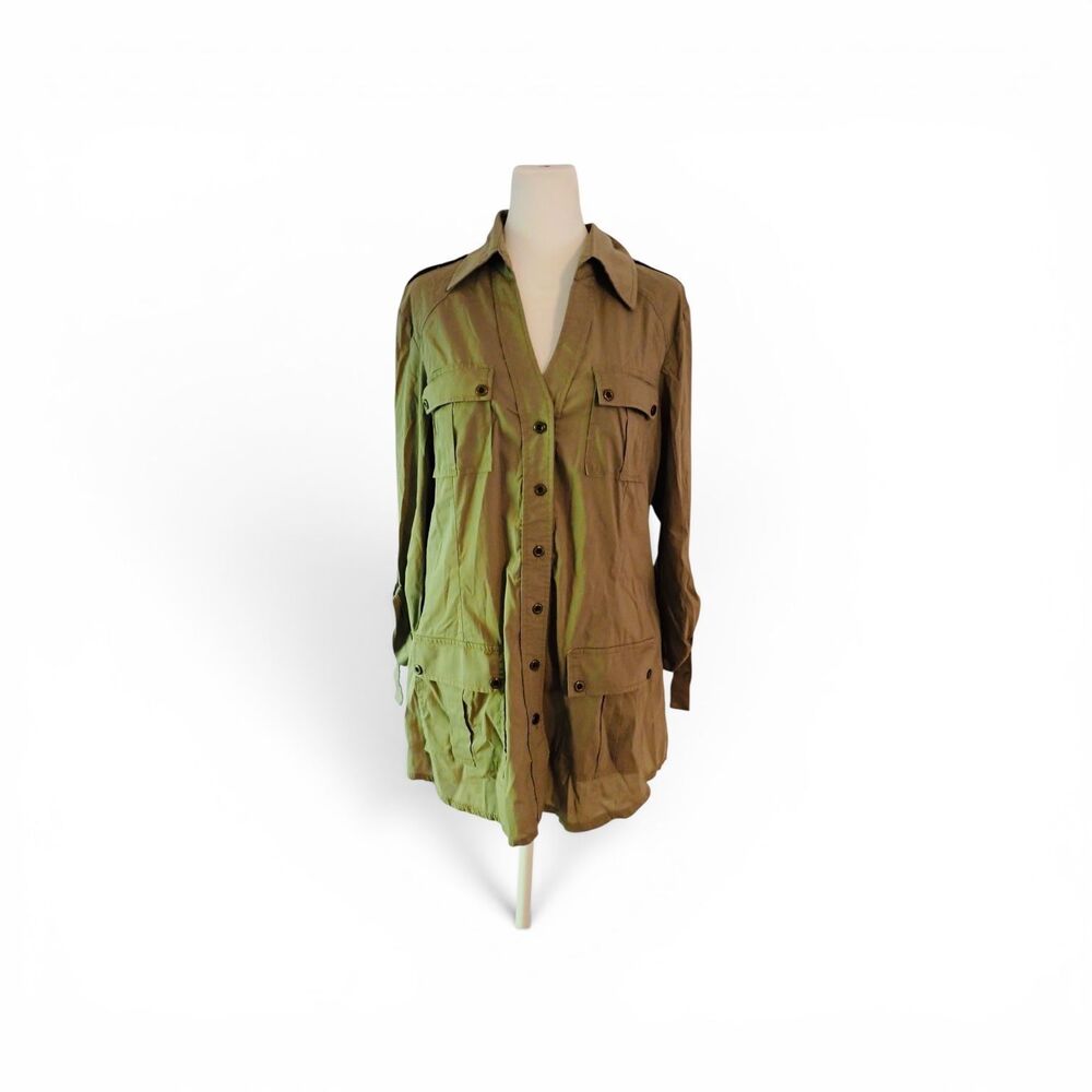 VTG Serena Kay Paris Shirt Jacket 42 10 Tunic Green 100% Cotton Button Front